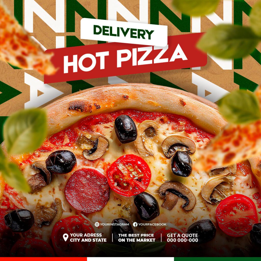 Delicious pizza food social media post template. Instagram and Facebook