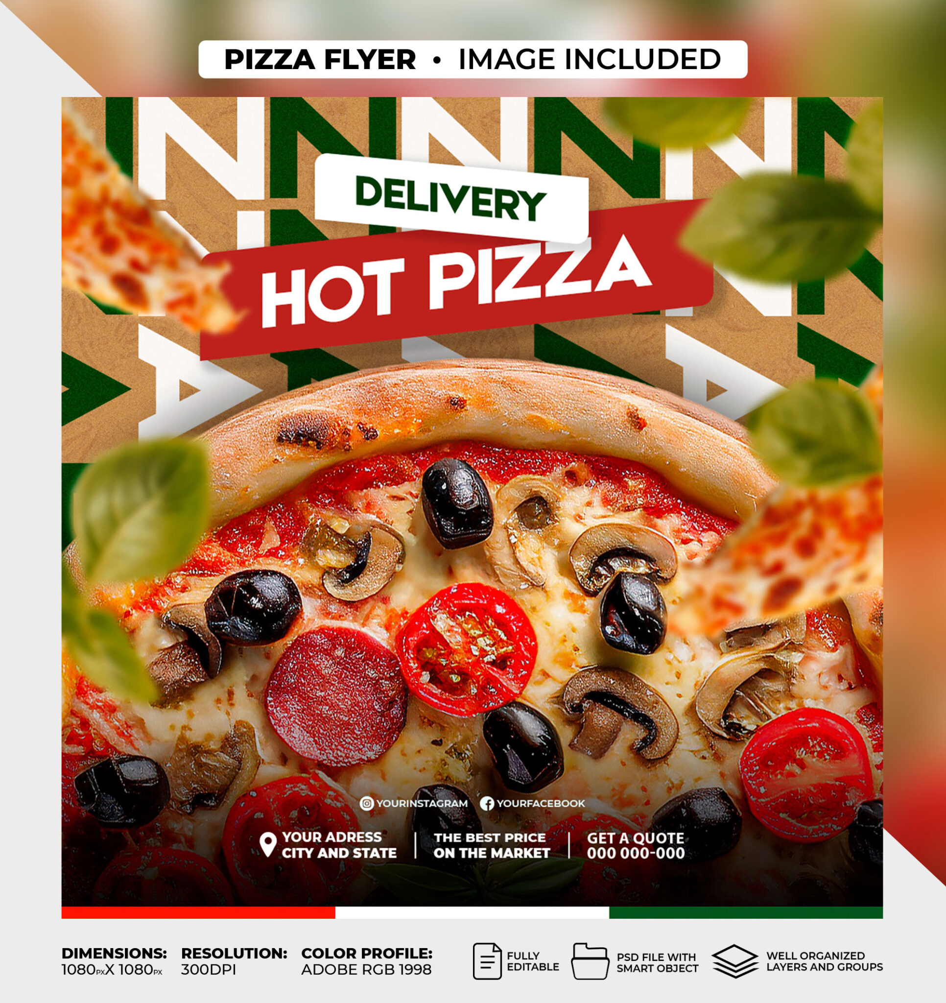 Delicious pizza food social media post template. Instagram and Facebook