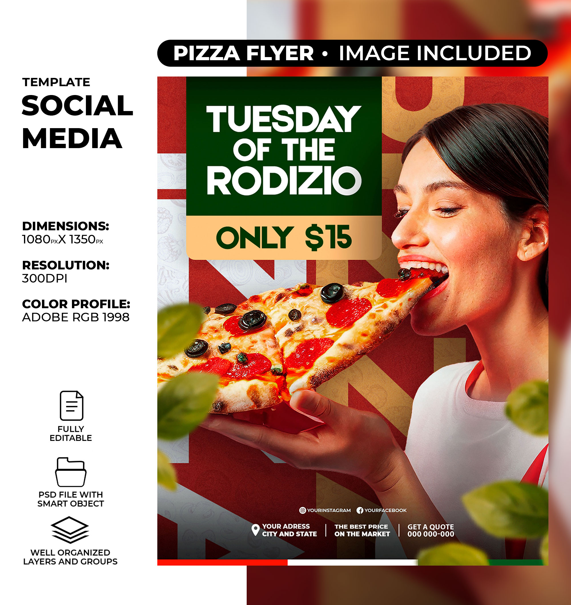 PSD food menu and delicious pizza instagram and facebook template