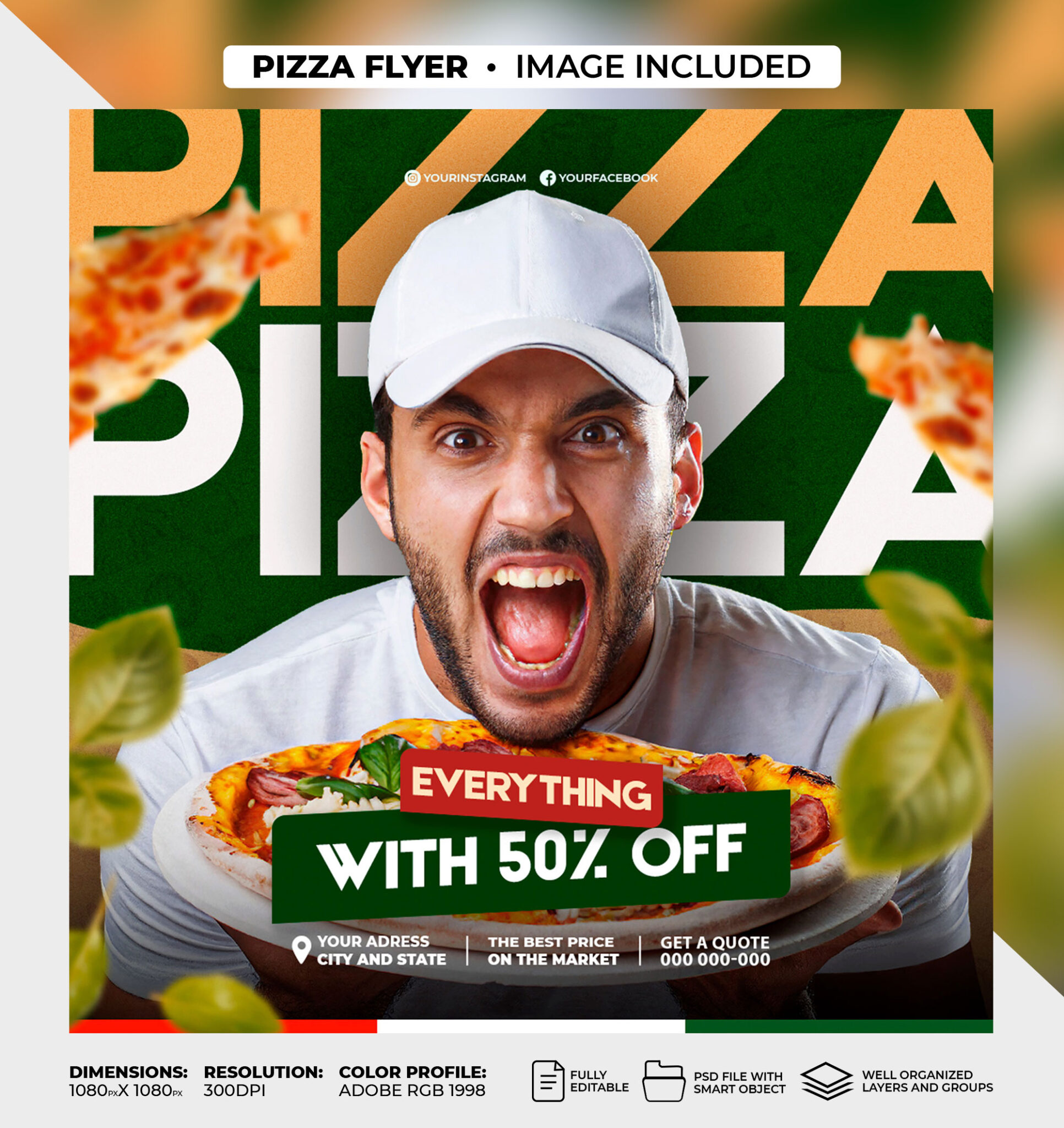 PSD food menu and delicious pizza web banner template. social media